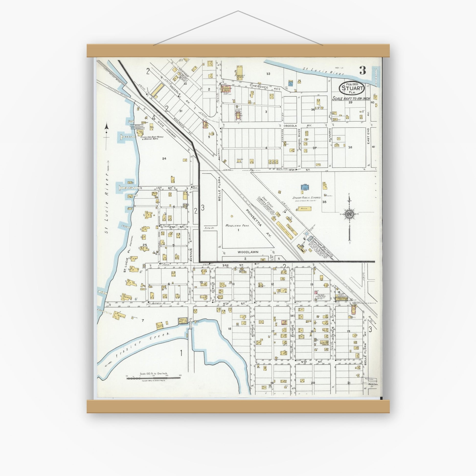 Old map wall art mockup — magnetic wood frame on white wall — Sanborn Fire Insurance Map from Stuart, Martin County, Florida (1920), Sheet #0003