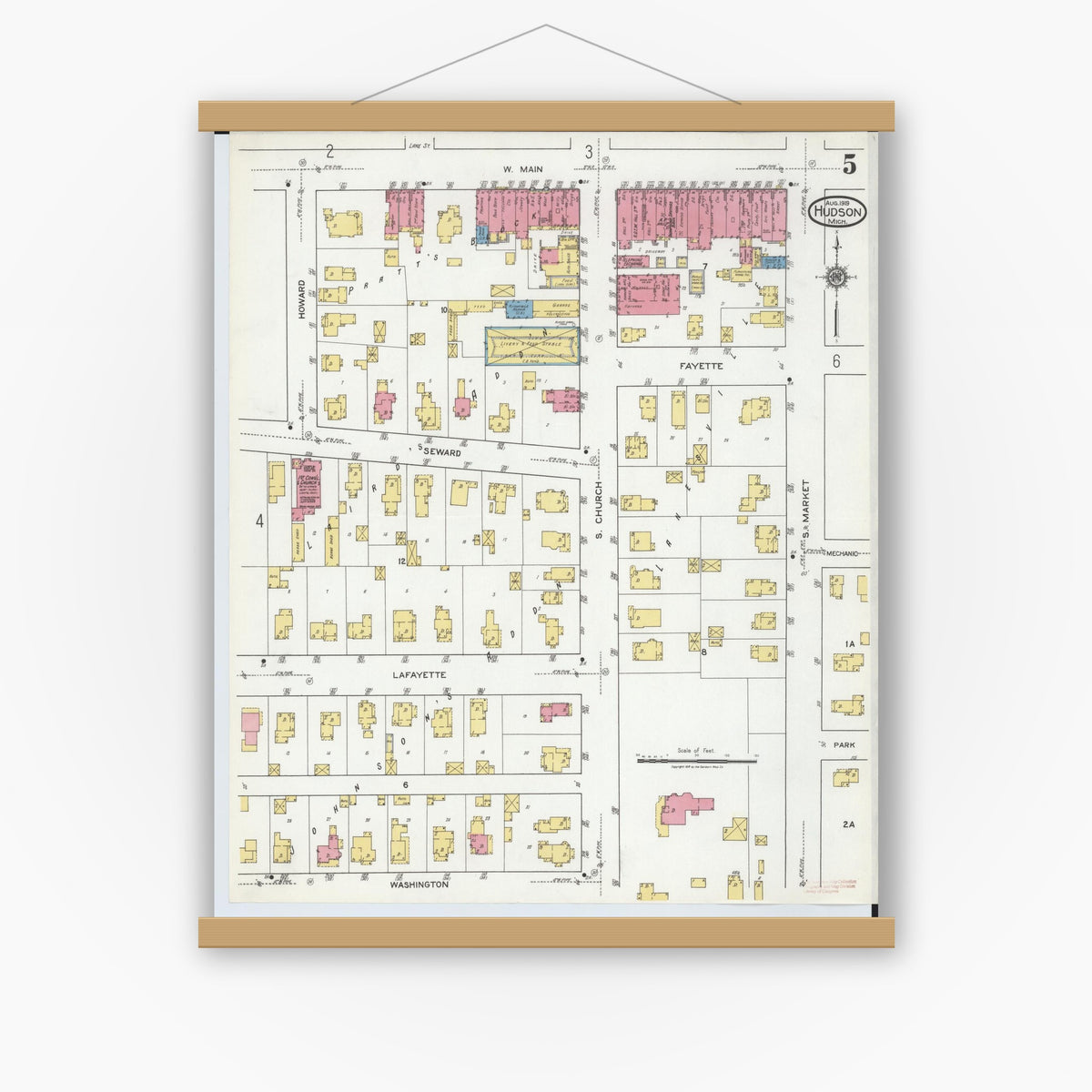 Old map wall art mockup — magnetic wood frame on white wall — Sanborn Fire Insurance Map from Hudson, Lenawee County, Michigan (1919), Sheet #0005