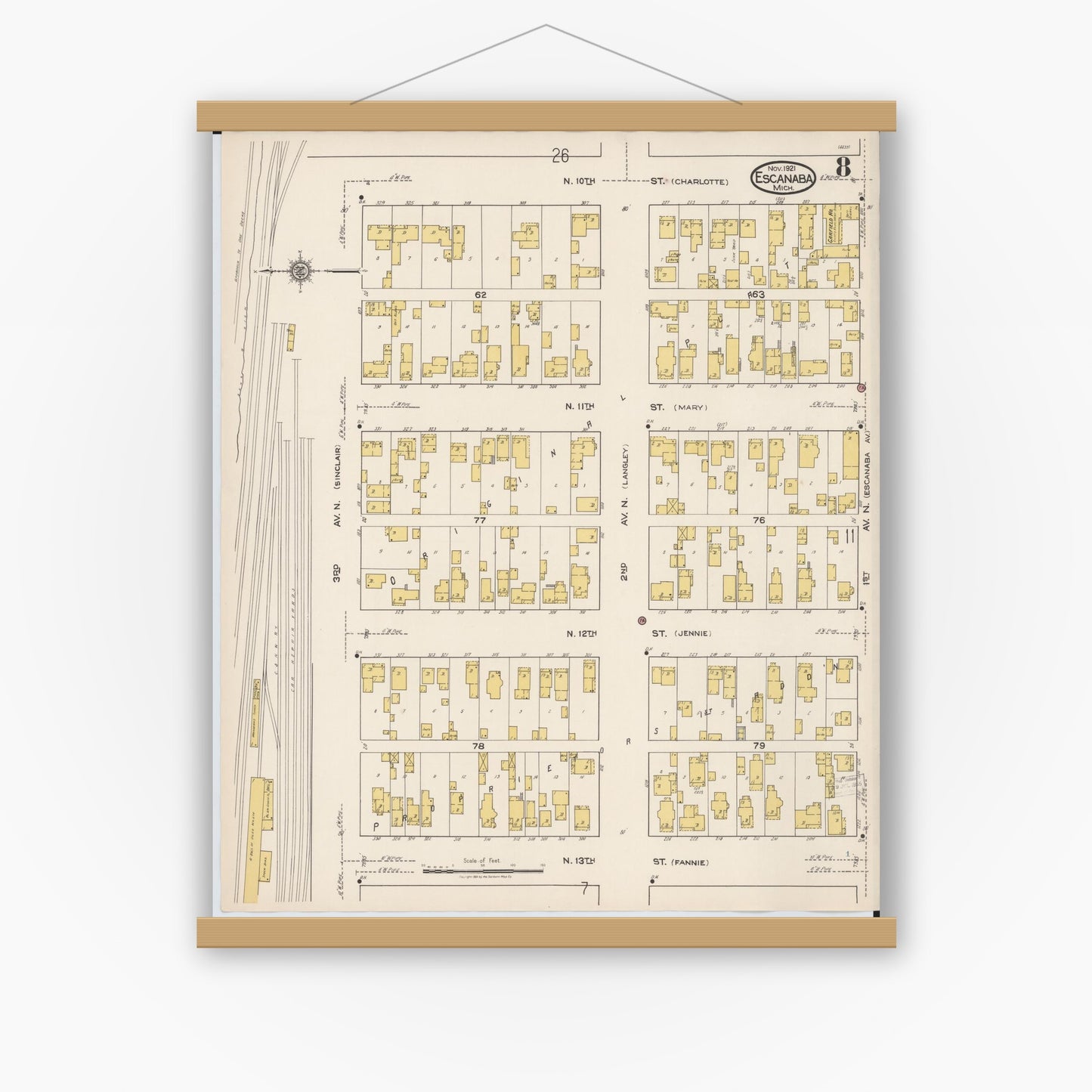 Old map wall art mockup — magnetic wood frame on white wall — Sanborn Fire Insurance Map from Escanaba, Delta County, Michigan (1921), Sheet #0008