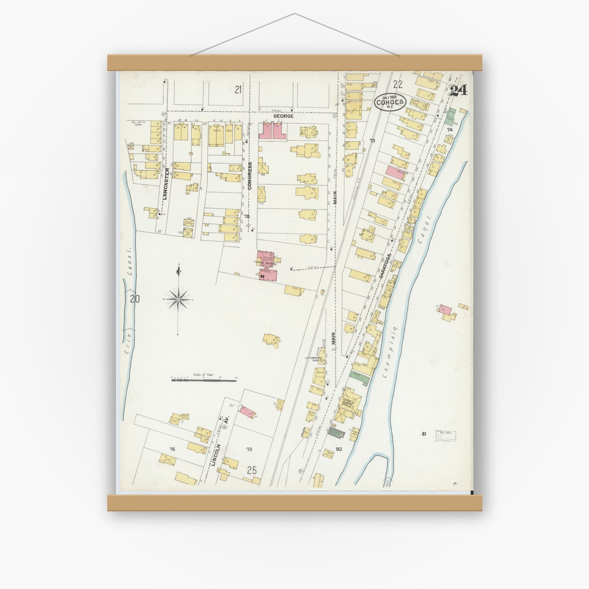 Old map wall art mockup — magnetic wood frame on white wall — Sanborn Fire Insurance Map from Cohoes, Albany County, New York (1902), Sheet #0024
