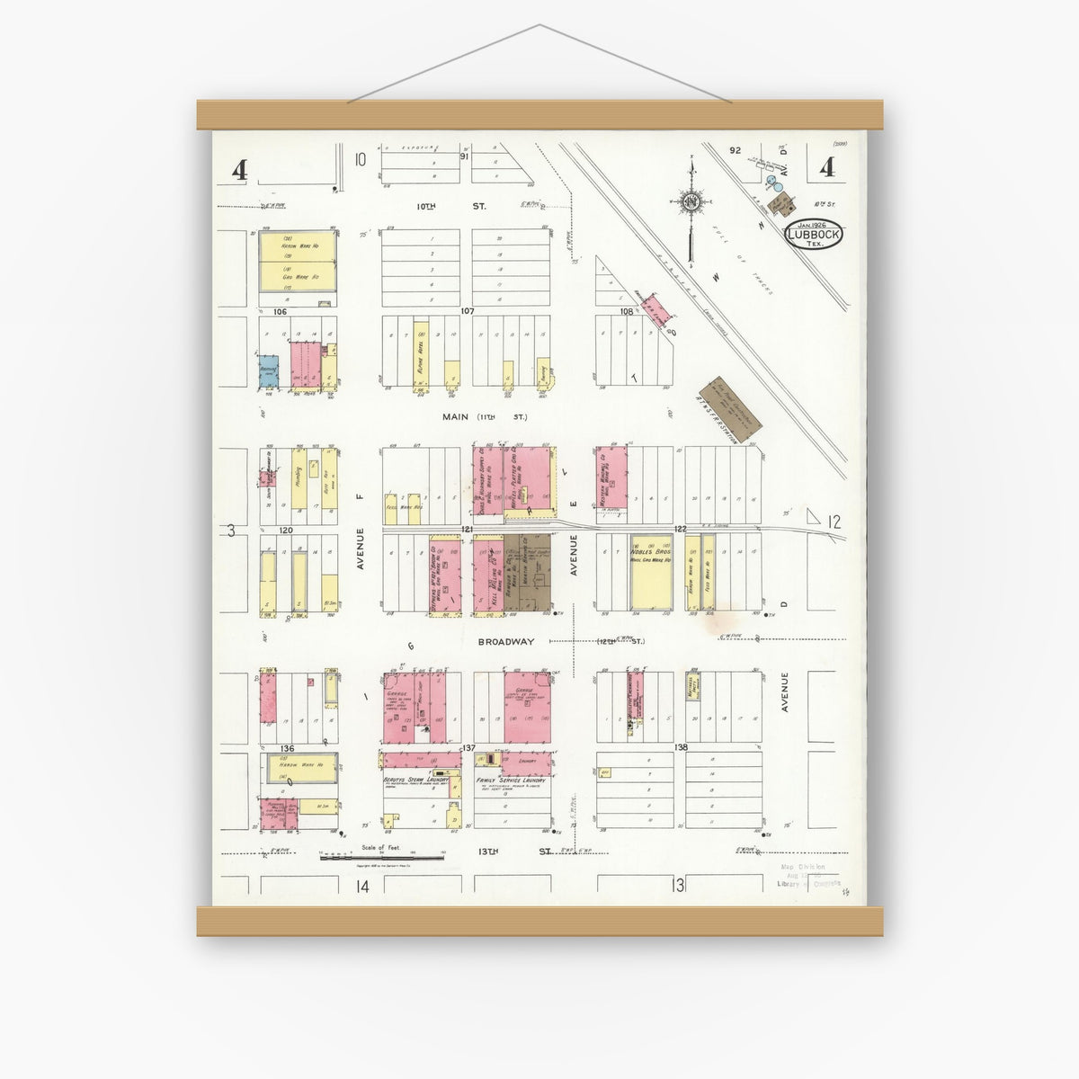 Old map wall art mockup — magnetic wood frame on white wall — Sanborn Fire Insurance Map from Lubbock, Lubbock County, Texas (1926), Sheet #0004