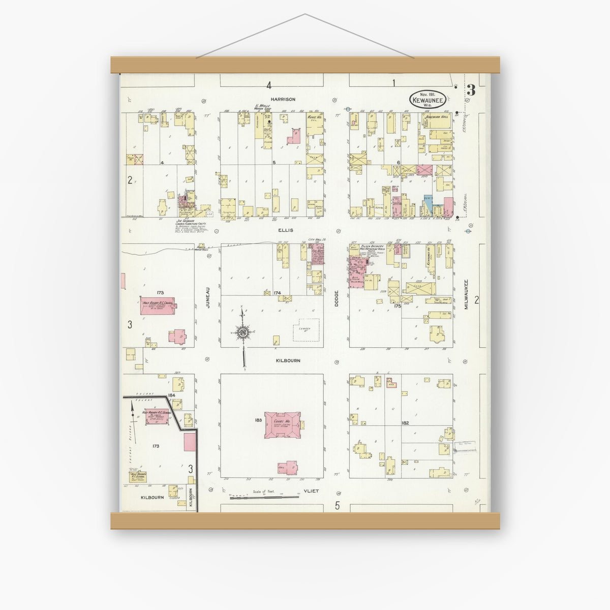 Old map wall art mockup — magnetic wood frame on white wall — Sanborn Fire Insurance Map from Kewaunee, Kewaunee County, Wisconsin (1911), Sheet #0003