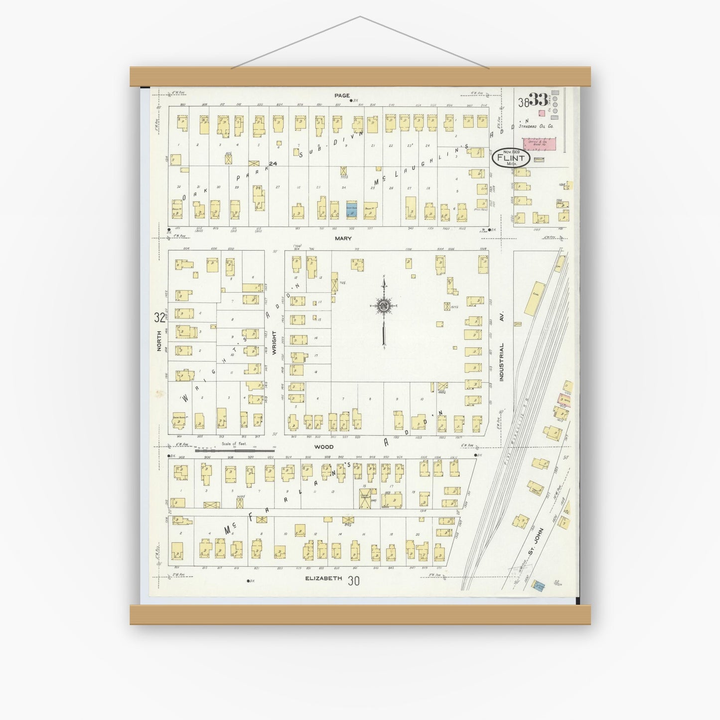 Old map wall art mockup — magnetic wood frame on white wall — Sanborn Fire Insurance Map from Flint, Genesee County, Michigan (1909), Sheet #0033