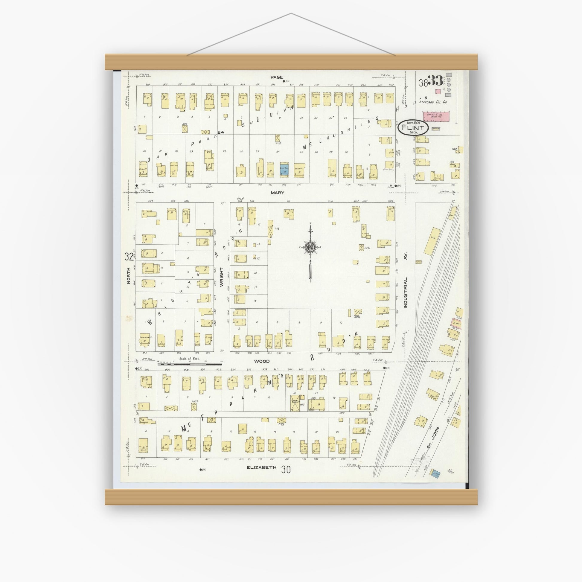 Old map wall art mockup — magnetic wood frame on white wall — Sanborn Fire Insurance Map from Flint, Genesee County, Michigan (1909), Sheet #0033