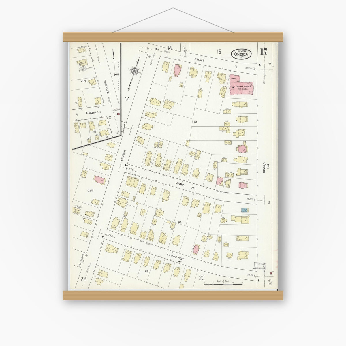 Old map wall art mockup — magnetic wood frame on white wall — Sanborn Fire Insurance Map from Oneida, Madison County, New York (1914), Sheet #0017