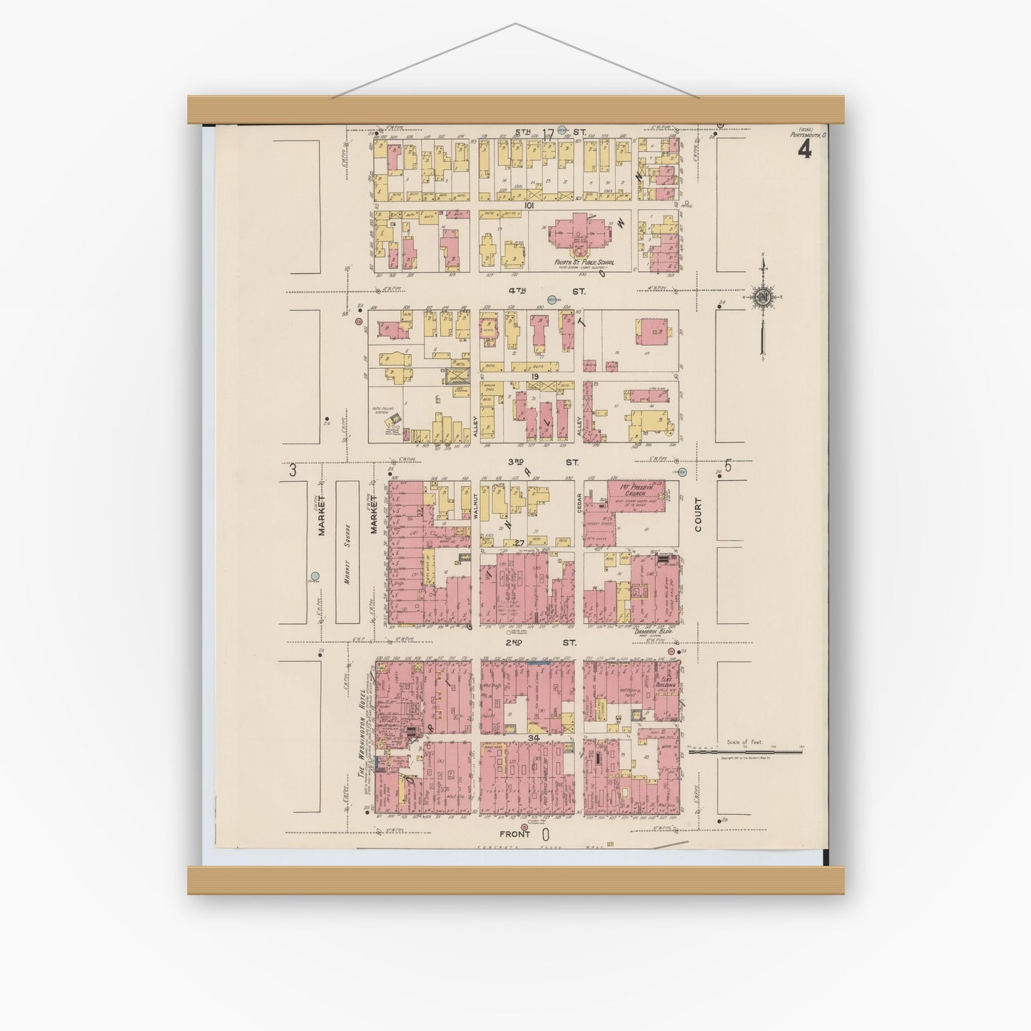 Old map wall art mockup — magnetic wood frame on white wall — Sanborn Fire Insurance Map from Portsmouth, Scioto County, Ohio (1921), Sheet #0004
