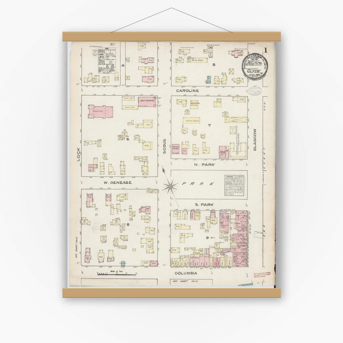 Old map wall art mockup — magnetic wood frame on white wall — Sanborn Fire Insurance Map from Clyde, Wayne County, New York (1884) - Complete Map Set