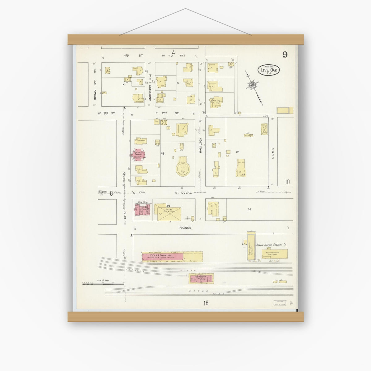 Old map wall art mockup — magnetic wood frame on white wall — Sanborn Fire Insurance Map from Live Oak, Suwanee County, Florida (1912), Sheet #0009