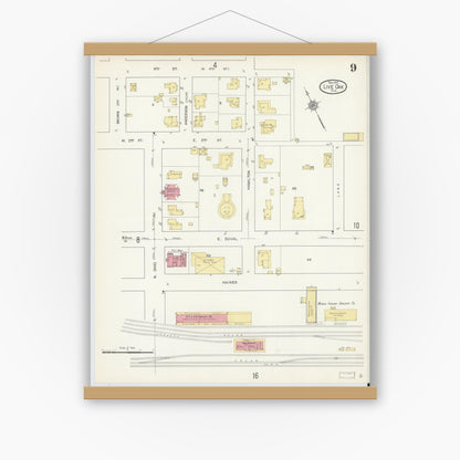 Old map wall art mockup — magnetic wood frame on white wall — Sanborn Fire Insurance Map from Live Oak, Suwanee County, Florida (1912), Sheet #0009