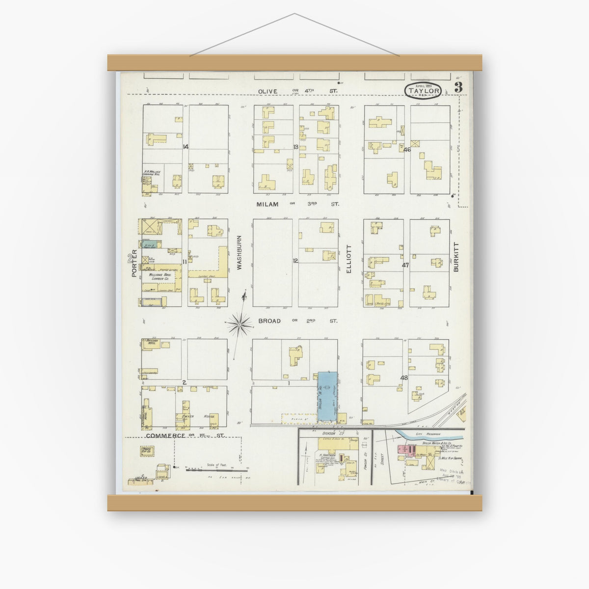 Old map wall art mockup — magnetic wood frame on white wall — Sanborn Fire Insurance Map from Taylor, Williamson County, Texas (1893), Sheet #0003
