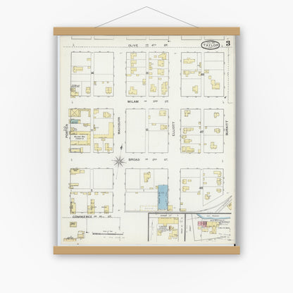 Old map wall art mockup — magnetic wood frame on white wall — Sanborn Fire Insurance Map from Taylor, Williamson County, Texas (1893), Sheet #0003