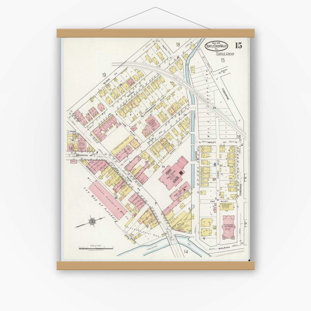 Old map wall art mockup — magnetic wood frame on white wall — Sanborn Fire Insurance Map from Turtle Creek Valley, Allegheny County, Pennsylvania (1919), Sheet #0015