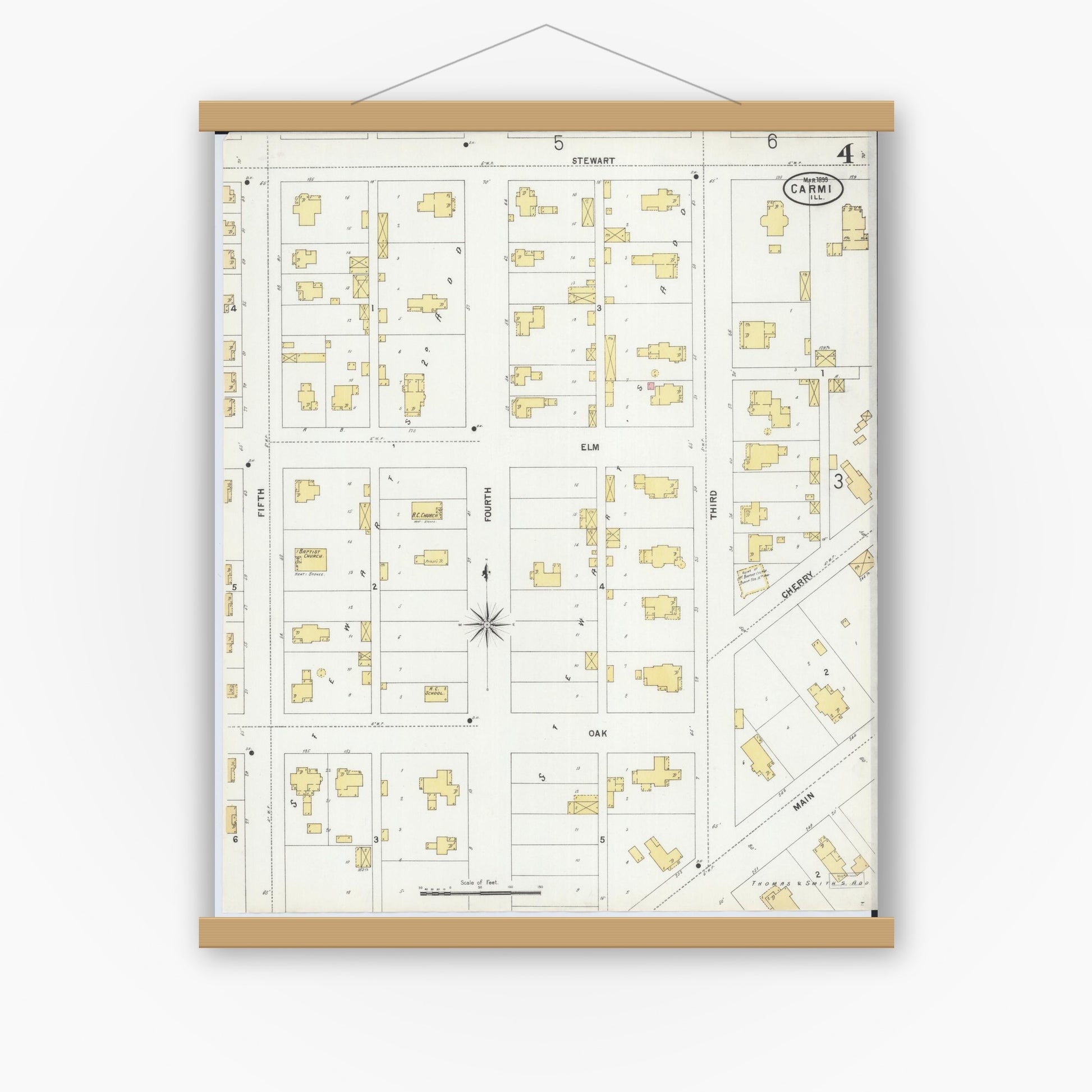 Old map wall art mockup — magnetic wood frame on white wall — Sanborn Fire Insurance Map from Carmi, White County, Illinois (1899), Sheet #0004