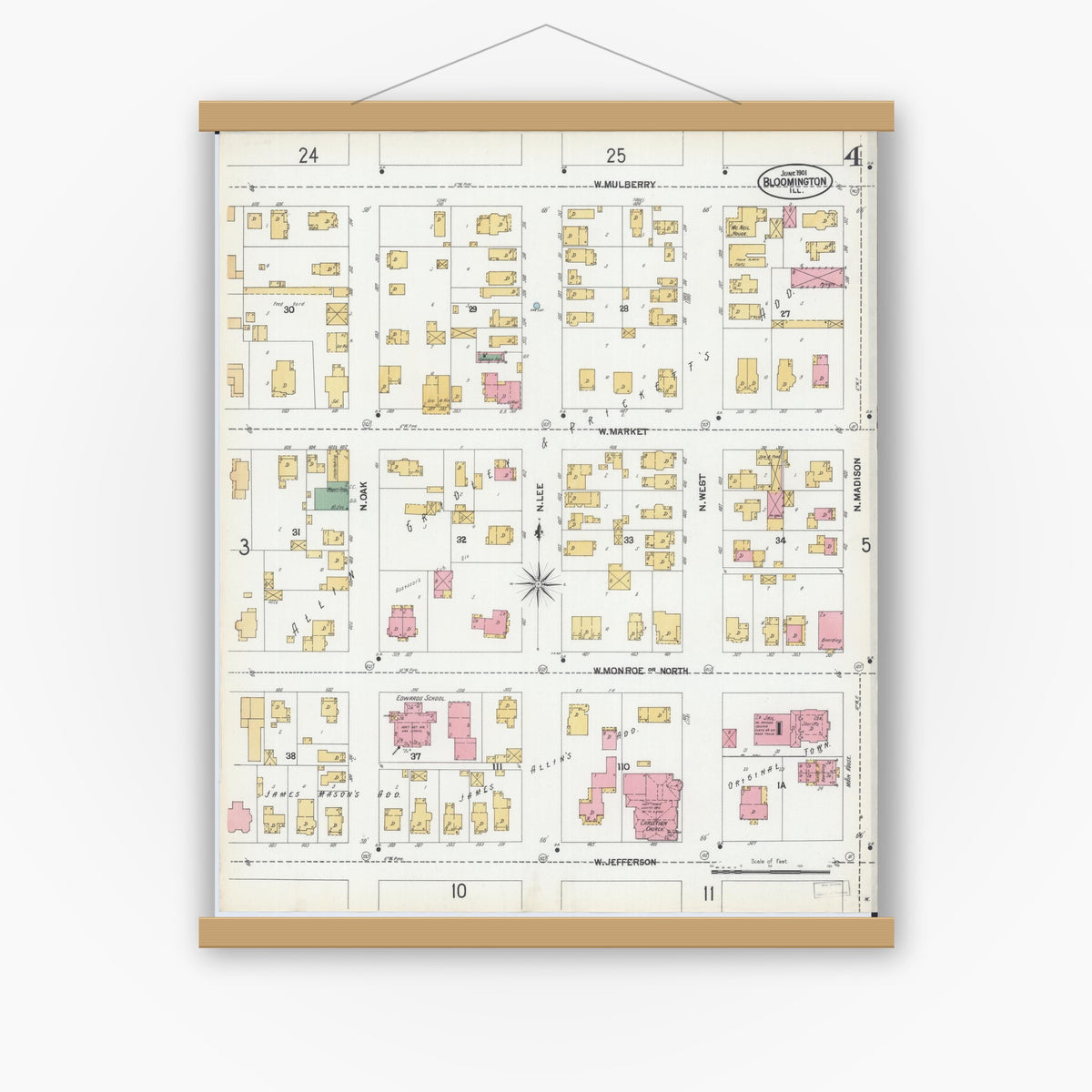Old map wall art mockup — magnetic wood frame on white wall — Sanborn Fire Insurance Map from Bloomington, McLean County, Illinois (1901), Sheet #0004
