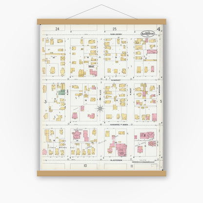 Old map wall art mockup — magnetic wood frame on white wall — Sanborn Fire Insurance Map from Bloomington, McLean County, Illinois (1901), Sheet #0004