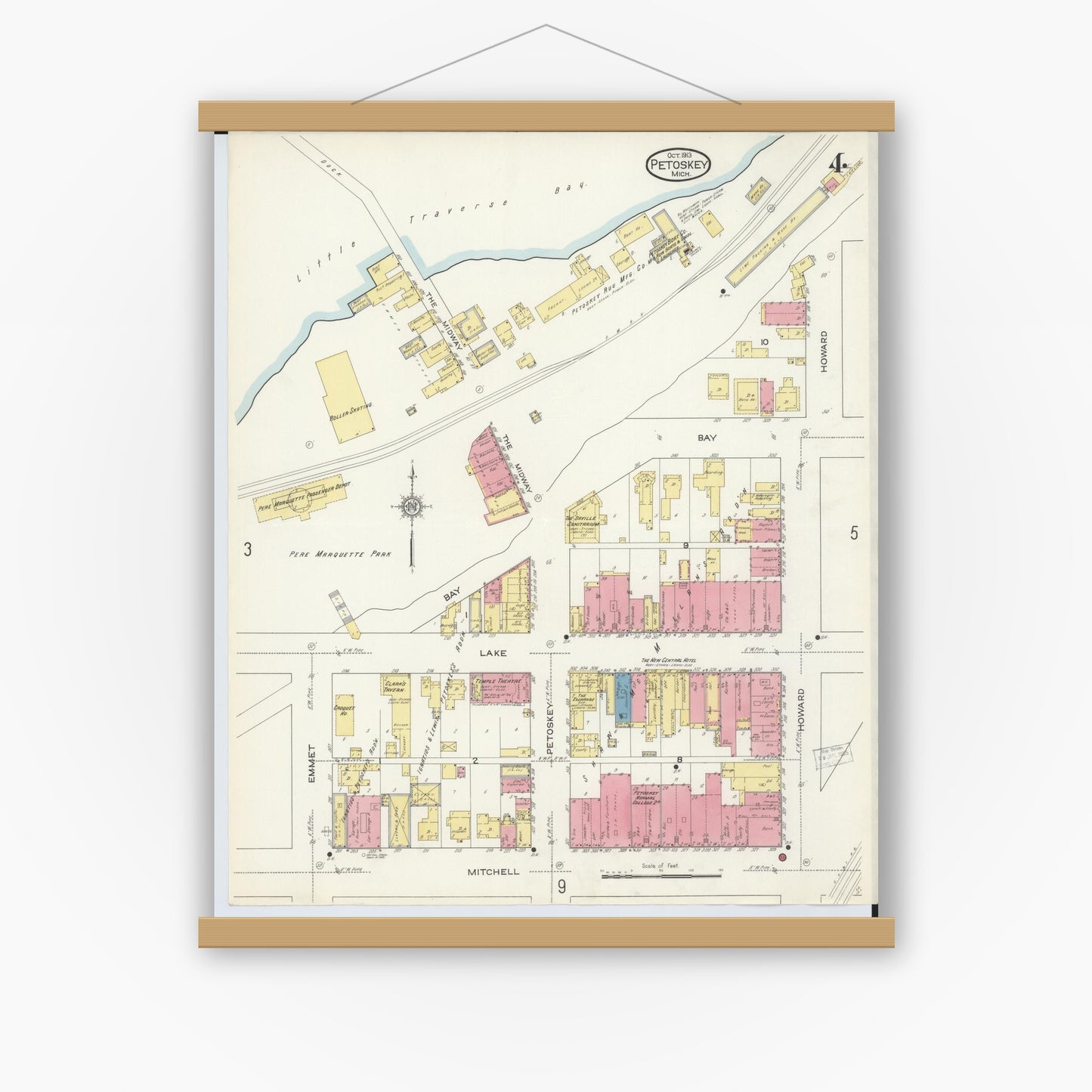 Old map wall art mockup — magnetic wood frame on white wall — Sanborn Fire Insurance Map from Petoskey, Emmet County, Michigan (1913), Sheet #0004