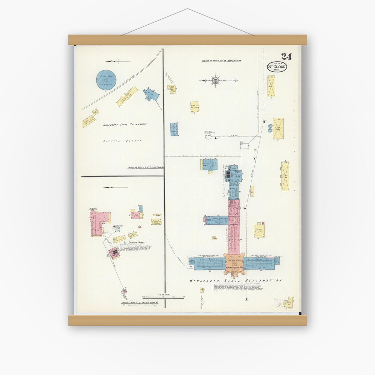 Old map wall art mockup — magnetic wood frame on white wall — Sanborn Fire Insurance Map from Saint Cloud, Stearns, Benton, and Sherburne Counties, Minnesota (1913), Sheet #0024