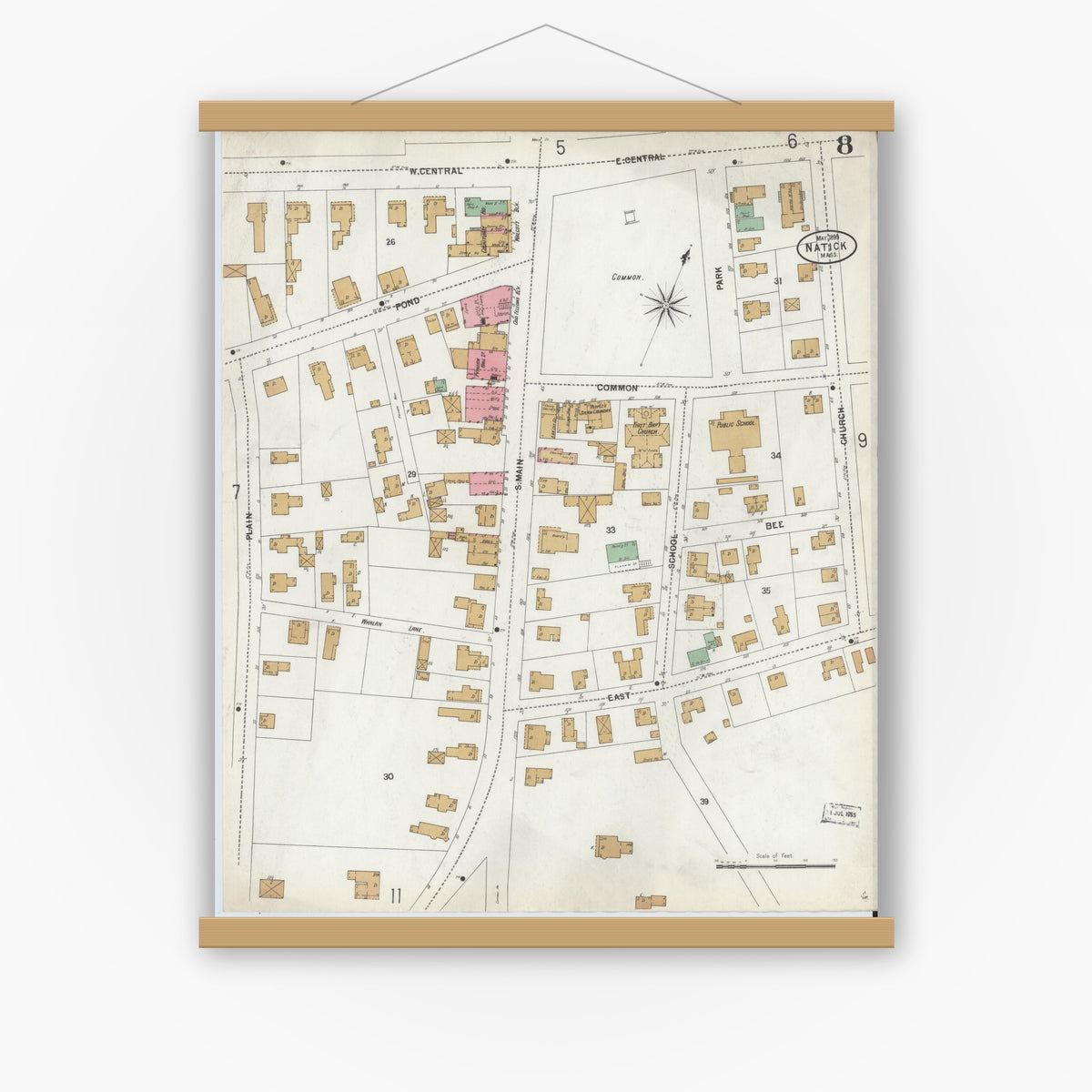 Old map wall art mockup — magnetic wood frame on white wall — Sanborn Fire Insurance Map from Natick, Middlesex County, Massachusetts (1899), Sheet #0008
