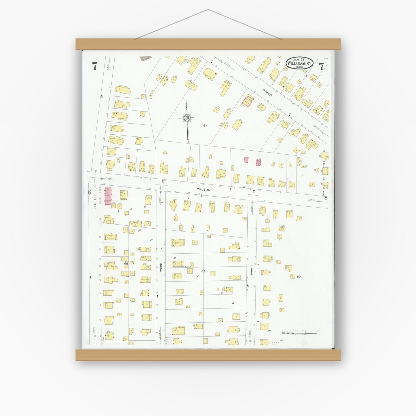 Old map wall art mockup — magnetic wood frame on white wall — Sanborn Fire Insurance Map from Willoughby, Lake County, Ohio (1931), Sheet #0007