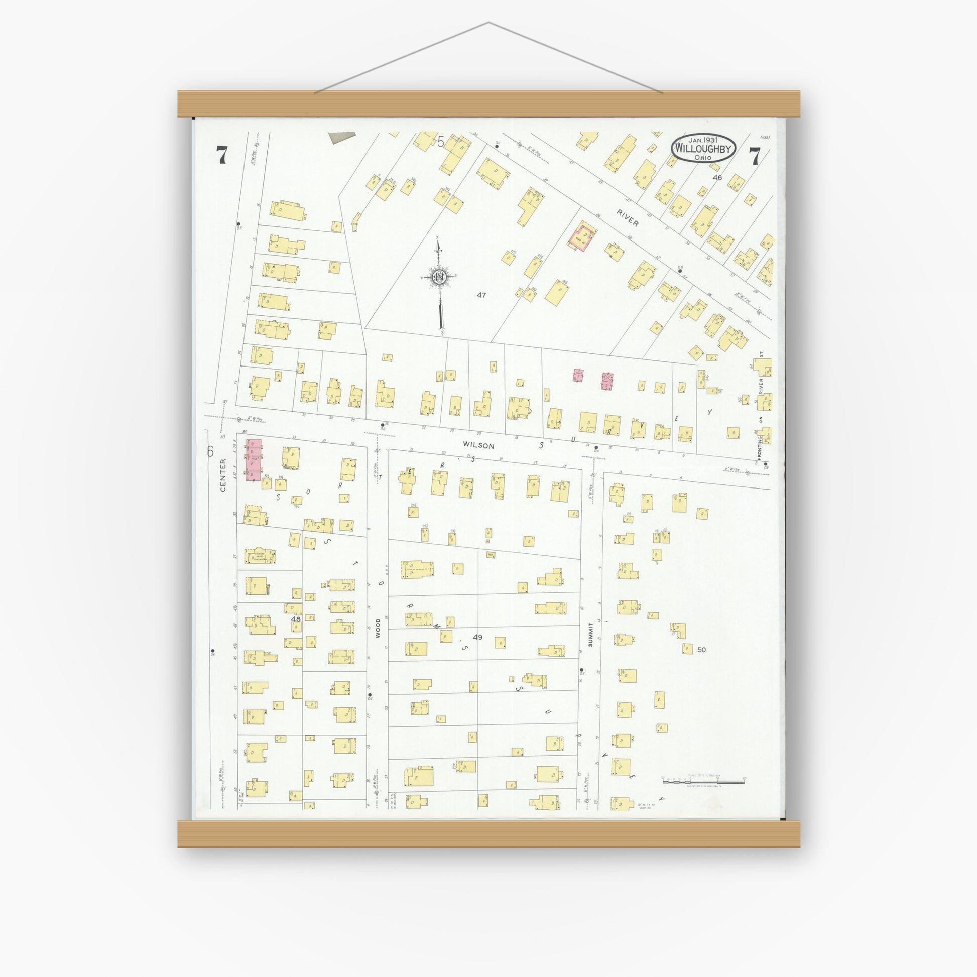 Old map wall art mockup — magnetic wood frame on white wall — Sanborn Fire Insurance Map from Willoughby, Lake County, Ohio (1931), Sheet #0007