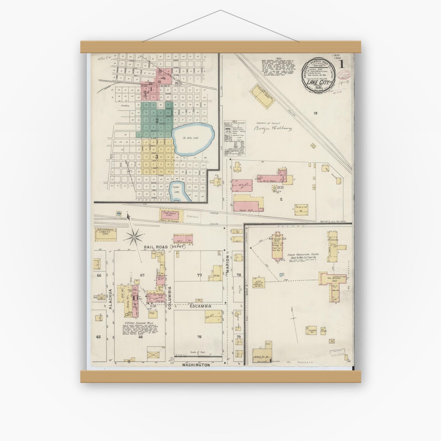 Old map wall art mockup — magnetic wood frame on white wall — Sanborn Fire Insurance Map from Lake City, Columbia County, Florida (1895), Sheet #0001