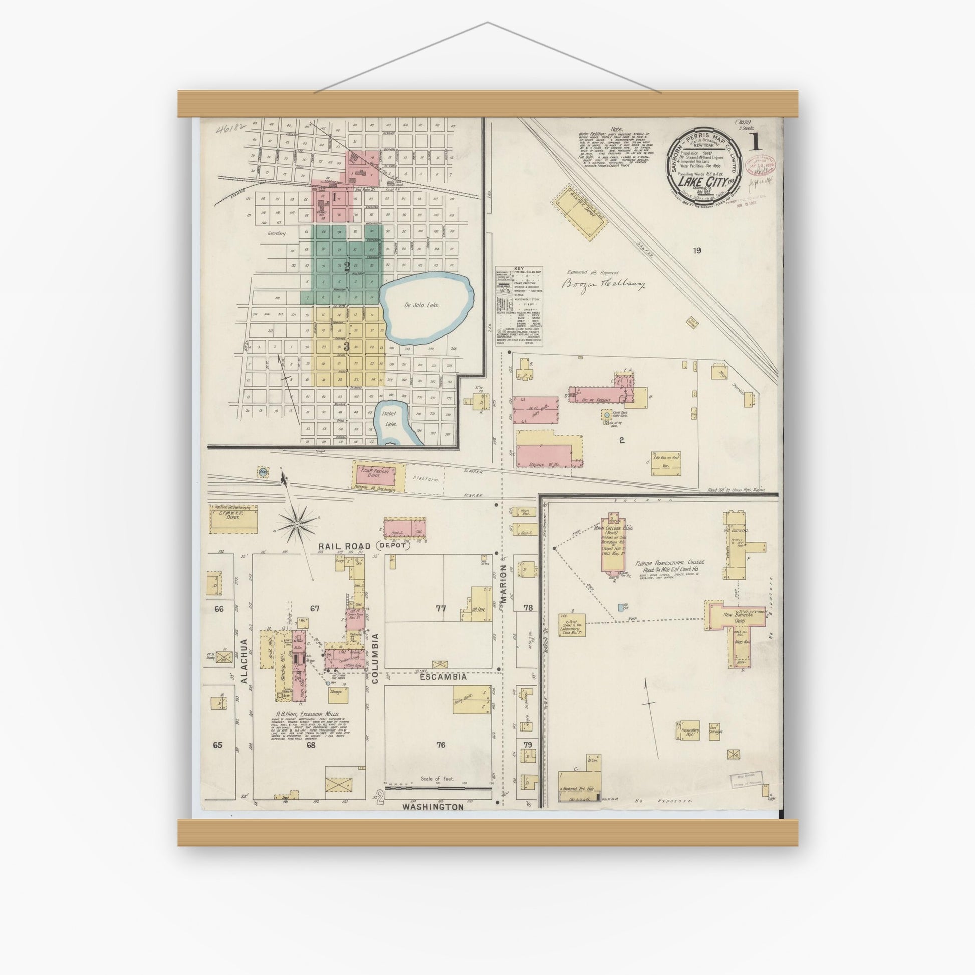 Old map wall art mockup — magnetic wood frame on white wall — Sanborn Fire Insurance Map from Lake City, Columbia County, Florida (1895), Sheet #0001