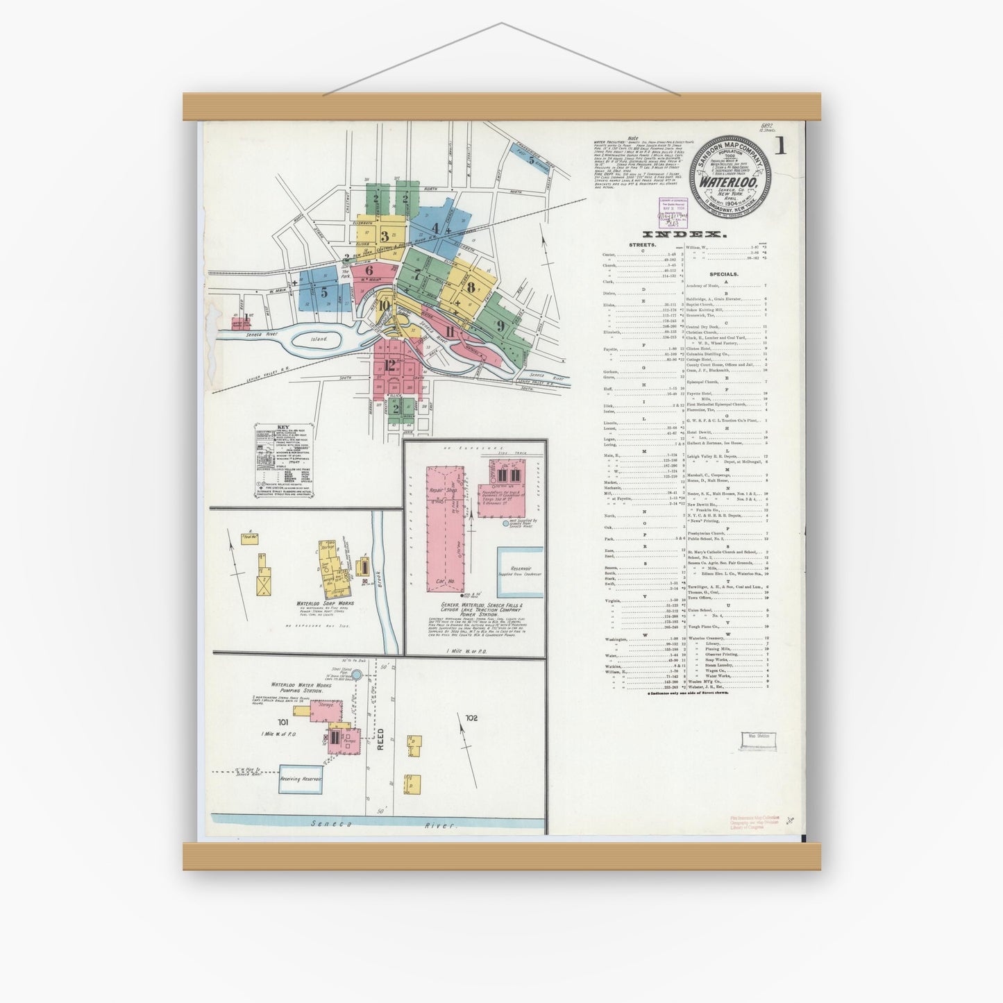 Old map wall art mockup — magnetic wood frame on white wall — Sanborn Fire Insurance Map from Waterloo, Seneca County, New York (1904) - Complete Map Set