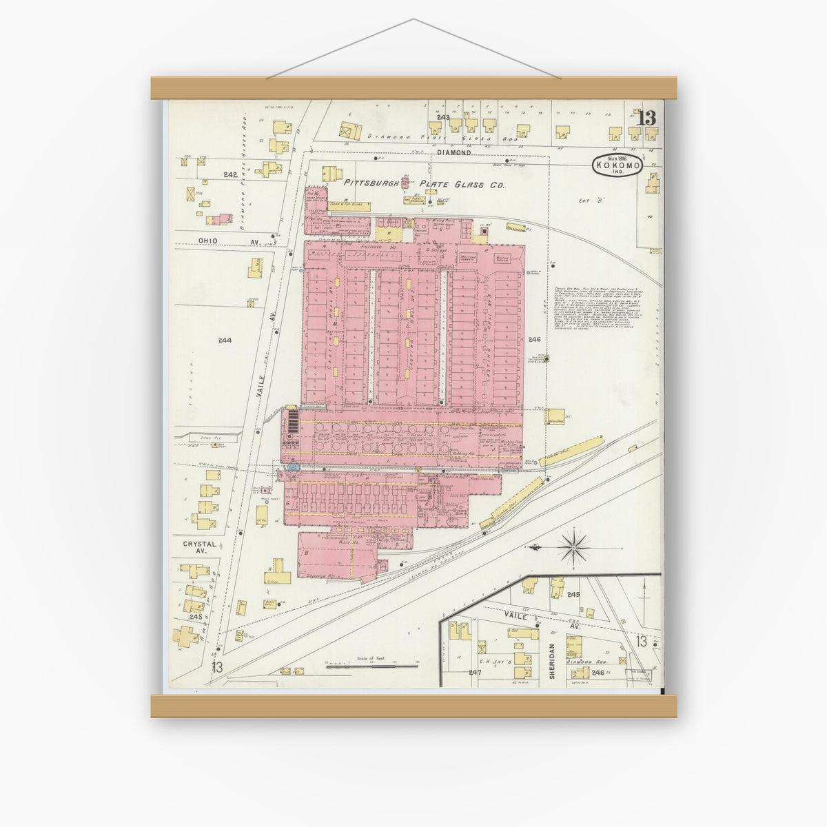 Old map wall art mockup — magnetic wood frame on white wall — Sanborn Fire Insurance Map from Kokomo, Howard County, Indiana (1896), Sheet #0013