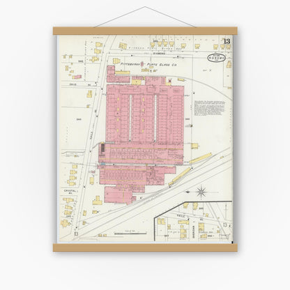 Old map wall art mockup — magnetic wood frame on white wall — Sanborn Fire Insurance Map from Kokomo, Howard County, Indiana (1896), Sheet #0013