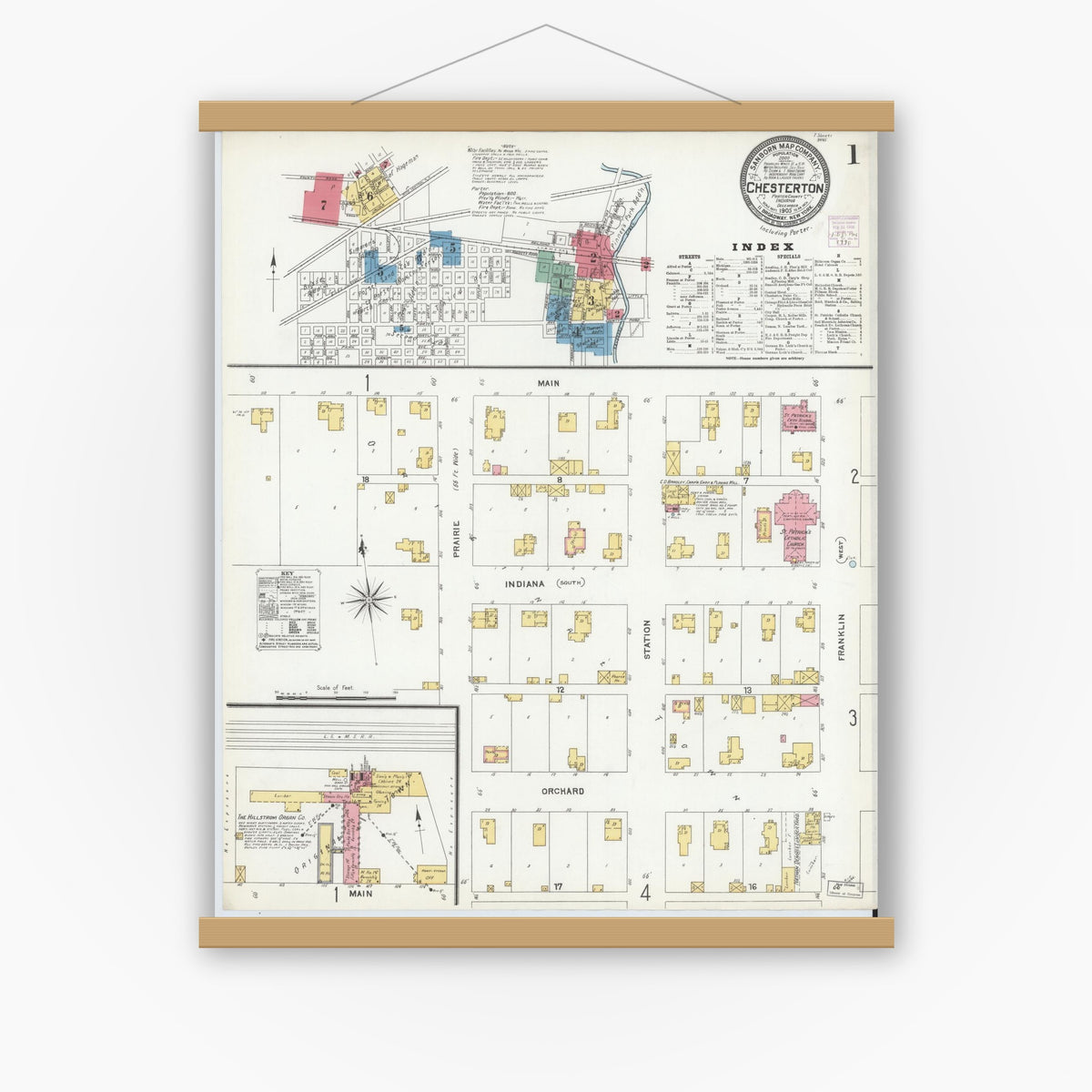 Old map wall art mockup — magnetic wood frame on white wall — Sanborn Fire Insurance Map from Chesterton, Porter County, Indiana (1905) - Complete Map Set