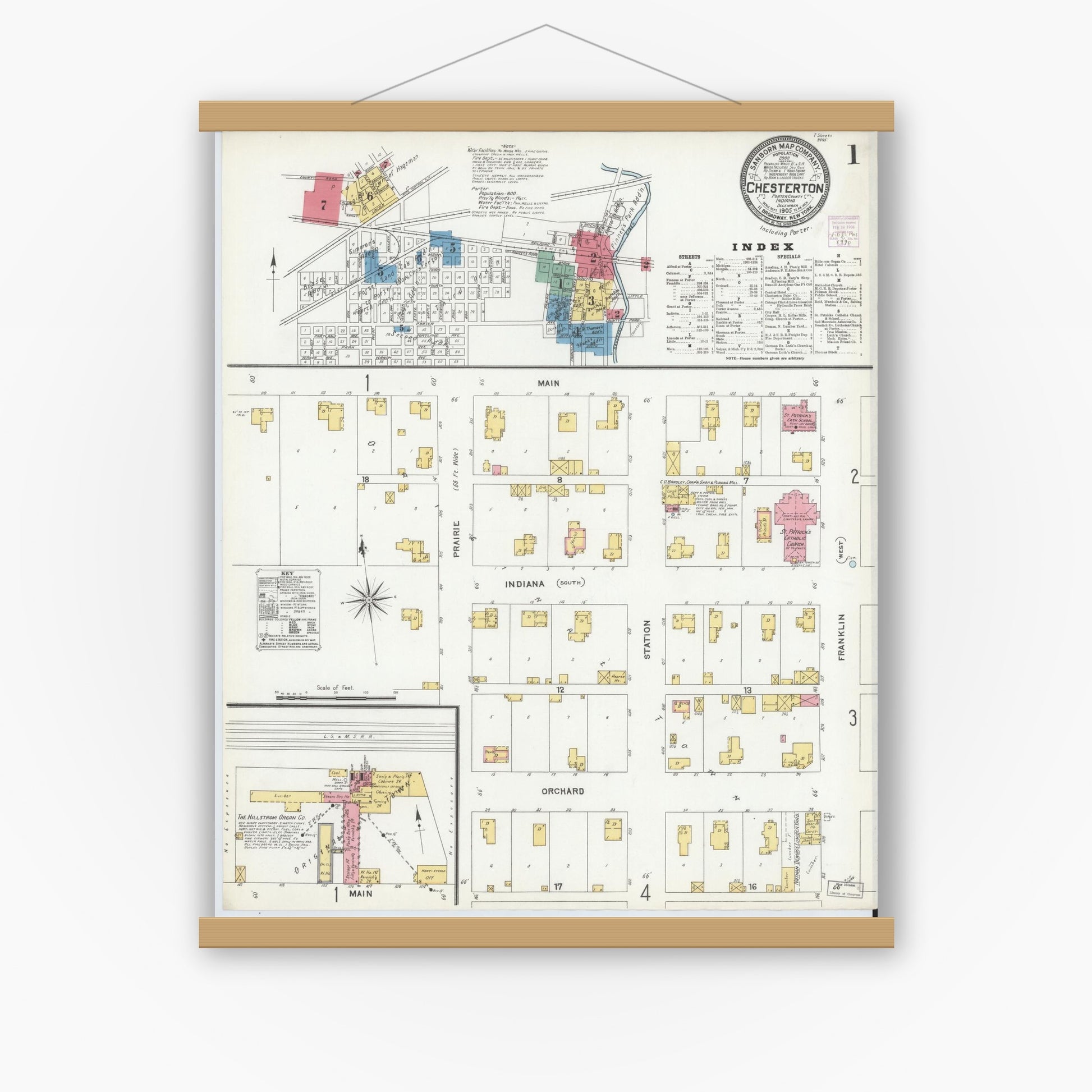Old map wall art mockup — magnetic wood frame on white wall — Sanborn Fire Insurance Map from Chesterton, Porter County, Indiana (1905) - Complete Map Set