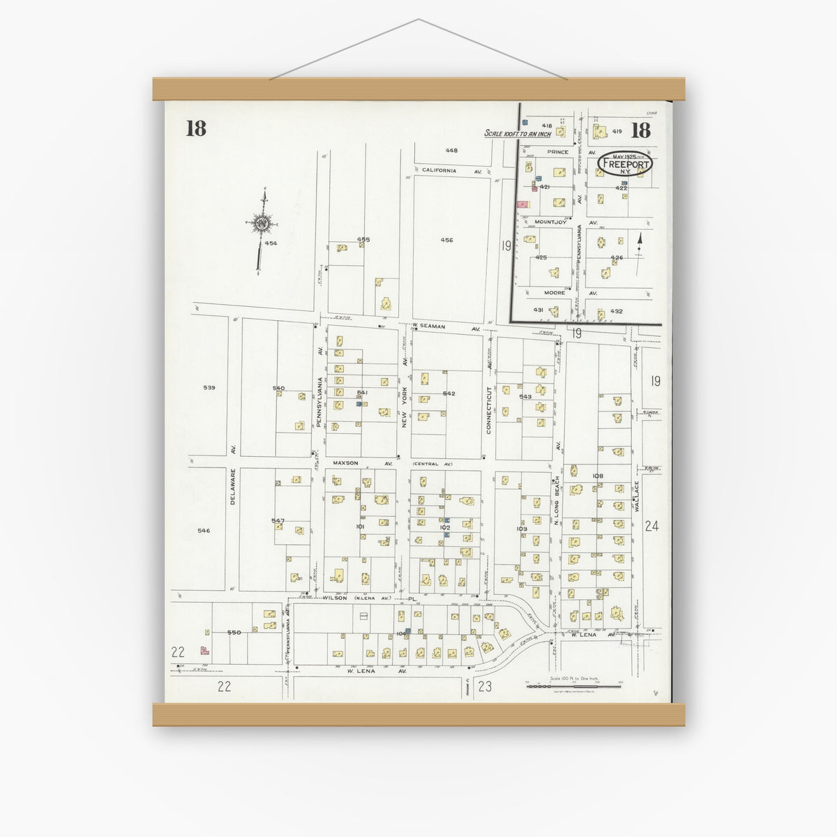 Old map wall art mockup — magnetic wood frame on white wall — Sanborn Fire Insurance Map from Freeport, Nassau County, New York (1925), Sheet #0018