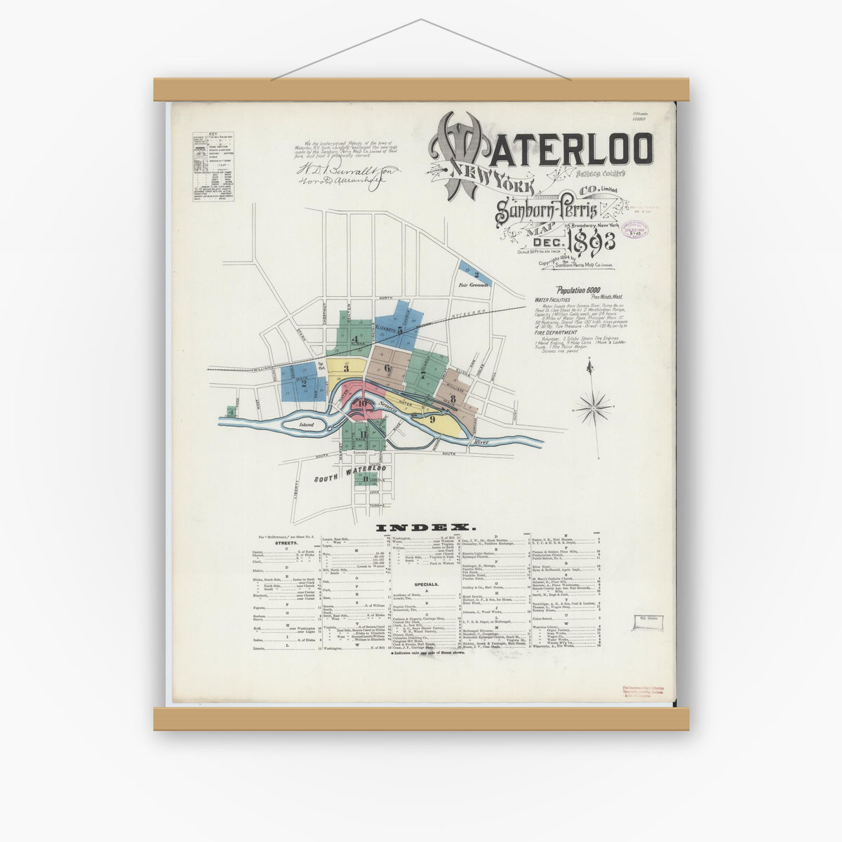 Old map wall art mockup — magnetic wood frame on white wall — Sanborn Fire Insurance Map from Waterloo, Seneca County, New York (1893) - Complete Map Set