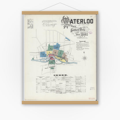 Old map wall art mockup — magnetic wood frame on white wall — Sanborn Fire Insurance Map from Waterloo, Seneca County, New York (1893) - Complete Map Set