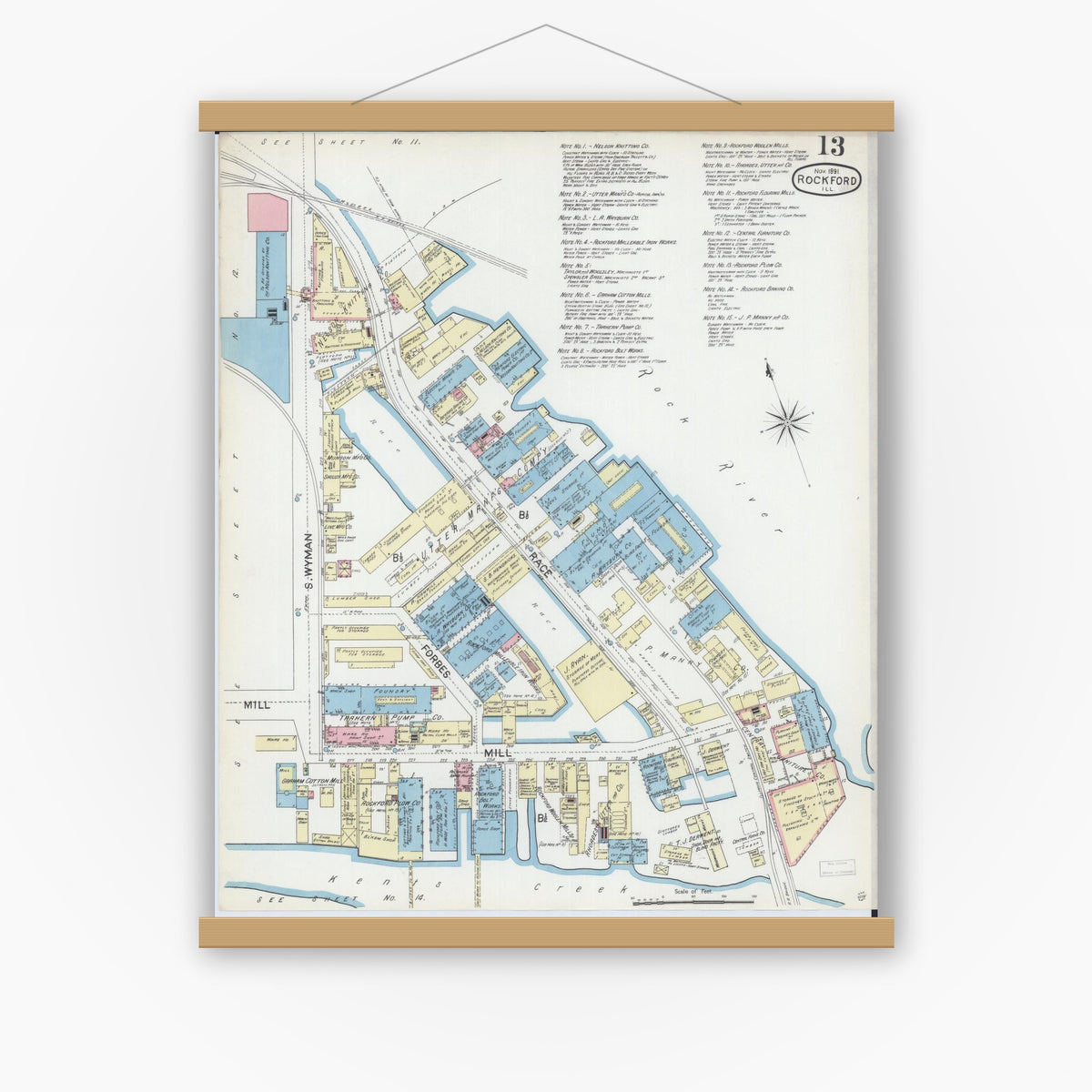 Old map wall art mockup — magnetic wood frame on white wall — Sanborn Fire Insurance Map from Rockford, Winnebago County, Illinois (1891), Sheet #0013
