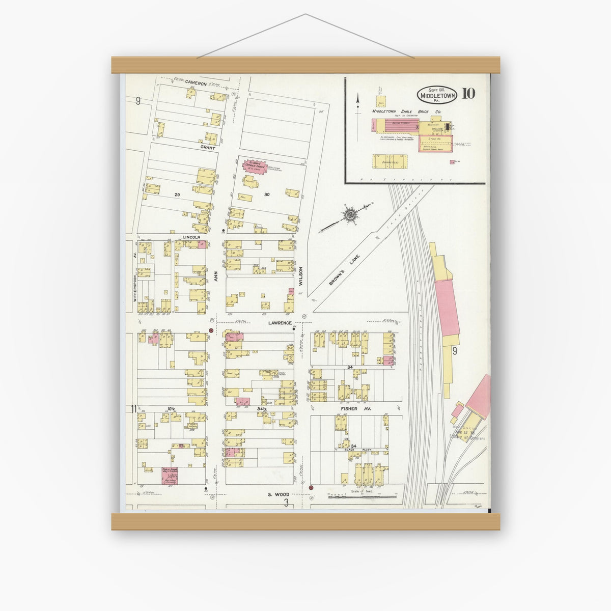 Old map wall art mockup — magnetic wood frame on white wall — Sanborn Fire Insurance Map from Middletown, Dauphin County, Pennsylvania (1911), Sheet #0010