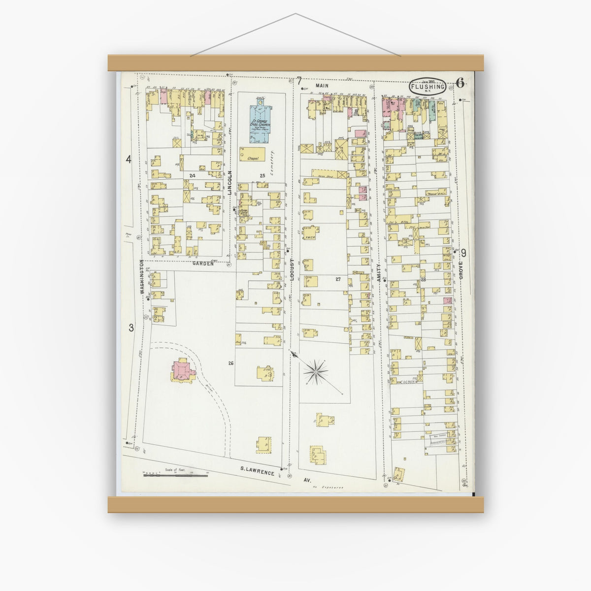 Old map wall art mockup — magnetic wood frame on white wall — Sanborn Fire Insurance Map from Flushing, Queens County, New York (1897), Sheet #0006