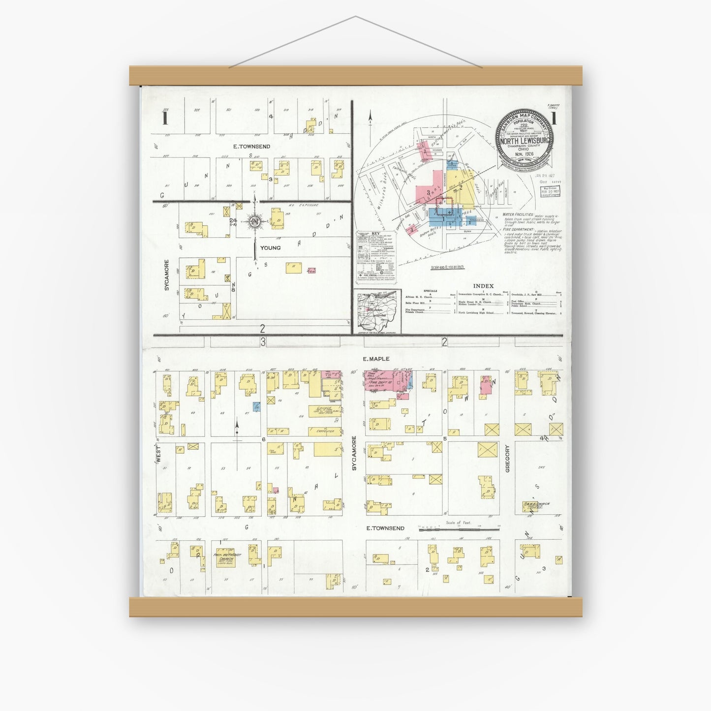Old map wall art mockup — magnetic wood frame on white wall — Sanborn Fire Insurance Map from North Lewisburg, Champaign County, Ohio (1926) - Complete Map Set
