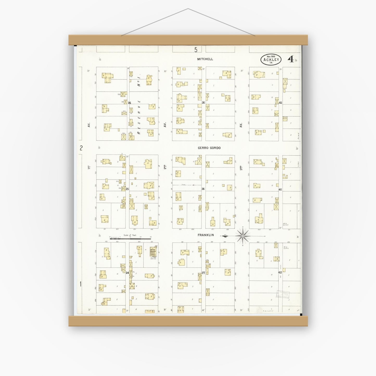 Old map wall art mockup — magnetic wood frame on white wall — Sanborn Fire Insurance Map from Ackley, Hardin and Franklin Counties, Iowa (1900), Sheet #0004