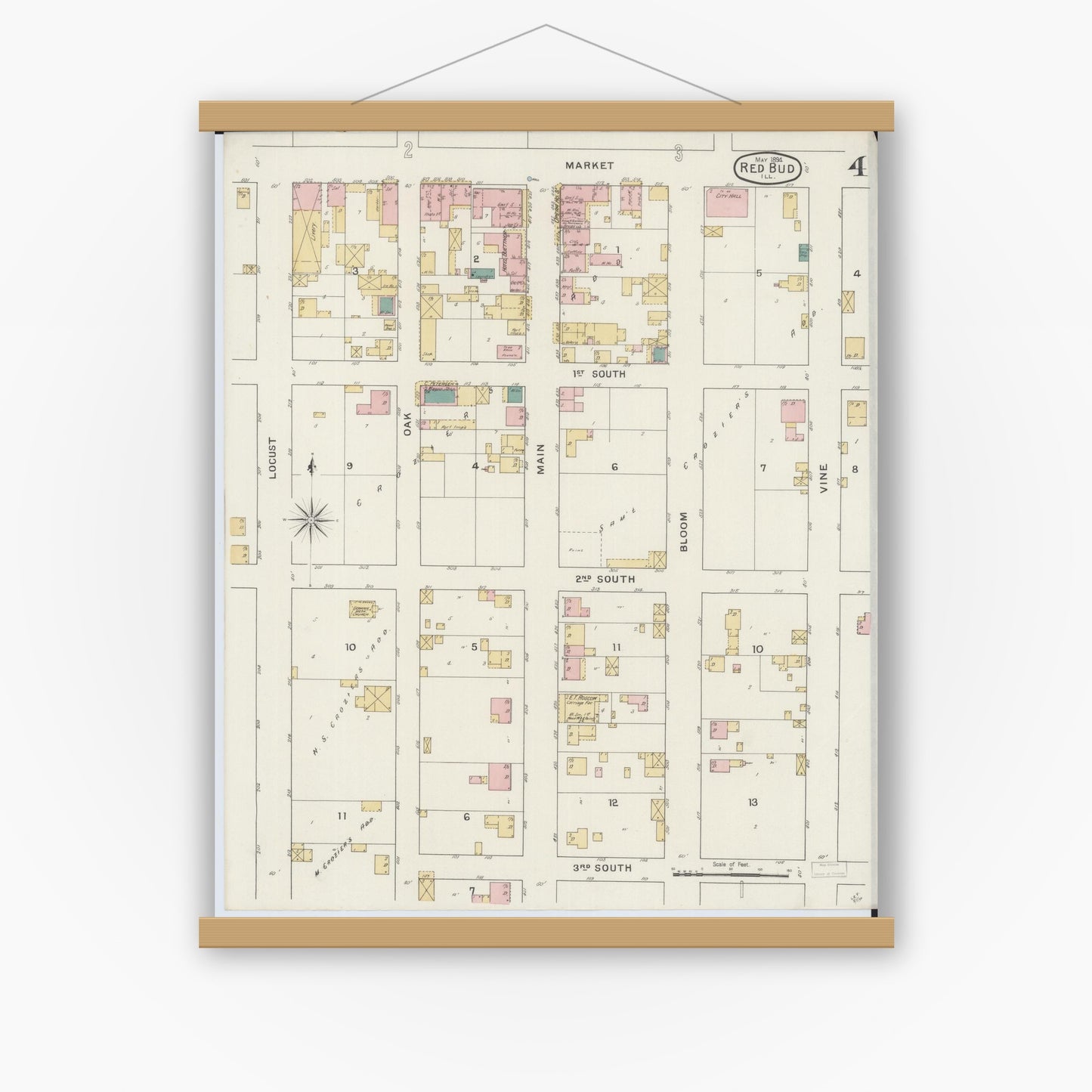 Old map wall art mockup — magnetic wood frame on white wall — Sanborn Fire Insurance Map from Red Bud, Randolph County, Illinois (1894), Sheet #0004