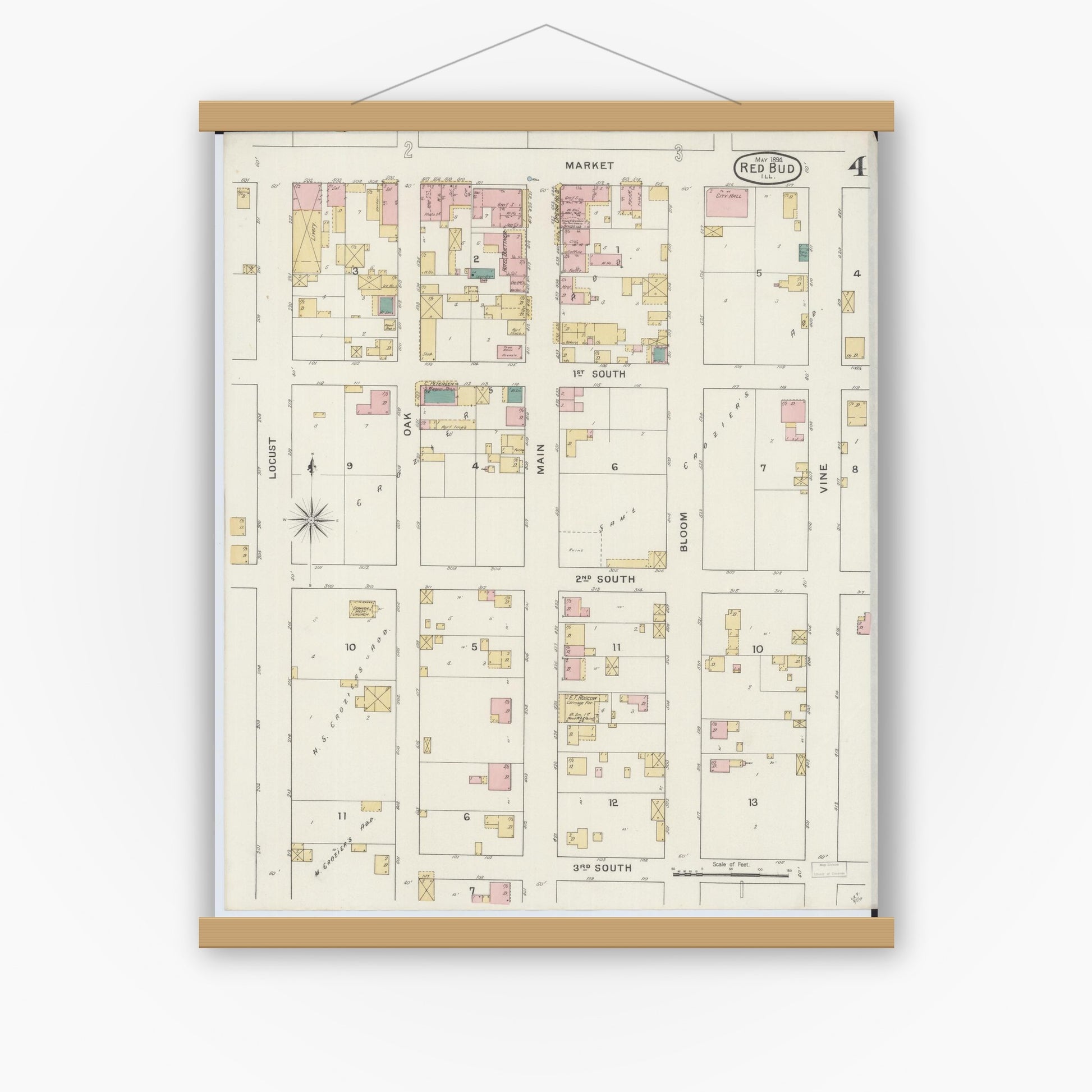 Old map wall art mockup — magnetic wood frame on white wall — Sanborn Fire Insurance Map from Red Bud, Randolph County, Illinois (1894), Sheet #0004