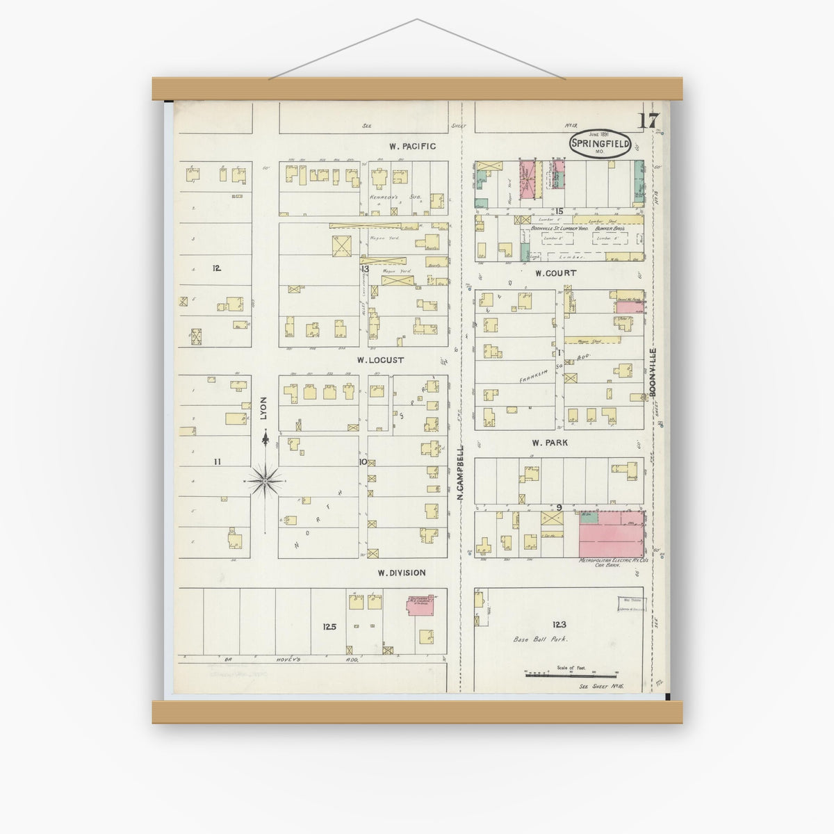 Old map wall art mockup — magnetic wood frame on white wall — Sanborn Fire Insurance Map from Springfield, Greene County, Missouri (1891), Sheet #0017