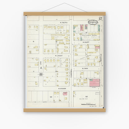Old map wall art mockup — magnetic wood frame on white wall — Sanborn Fire Insurance Map from Springfield, Greene County, Missouri (1891), Sheet #0017