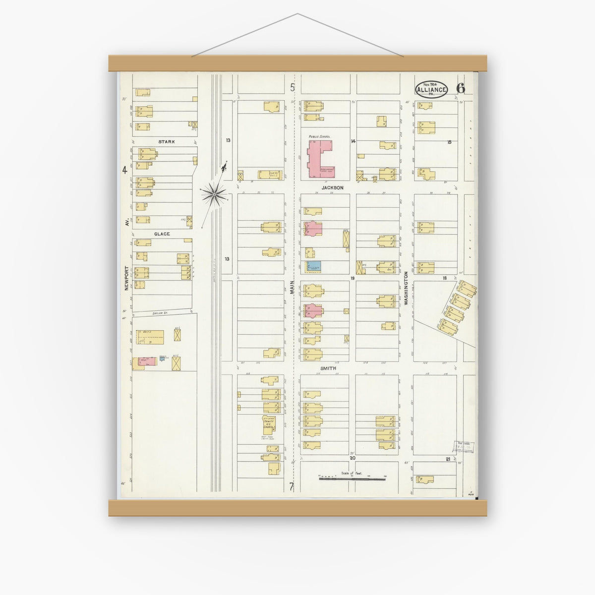 Old map wall art mockup — magnetic wood frame on white wall — Sanborn Fire Insurance Map from Alliance, Northampton County, Pennsylvania (1904), Sheet #0006