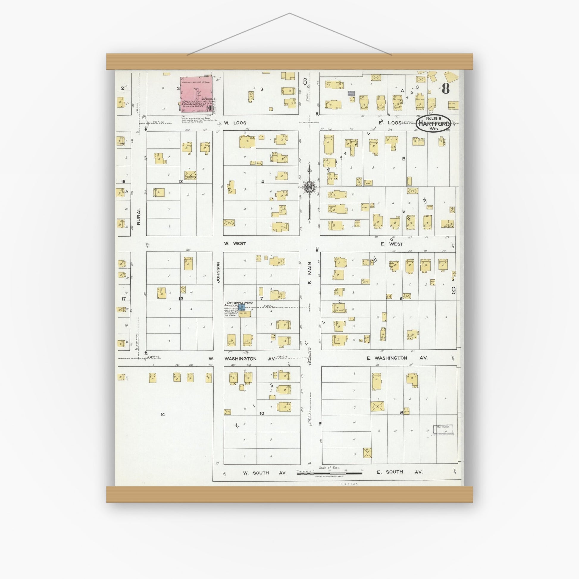 Old map wall art mockup — magnetic wood frame on white wall — Sanborn Fire Insurance Map from Hartford, Washington County, Wisconsin (1918), Sheet #0008