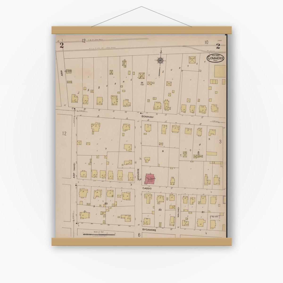 Old map wall art mockup — magnetic wood frame on white wall — Sanborn Fire Insurance Map from Commerce, Hunt County, Texas (1922), Sheet #0002
