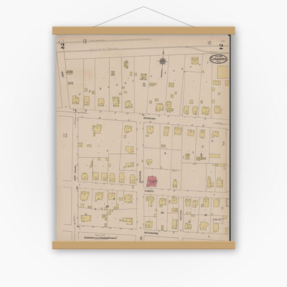 Old map wall art mockup — magnetic wood frame on white wall — Sanborn Fire Insurance Map from Commerce, Hunt County, Texas (1922), Sheet #0002