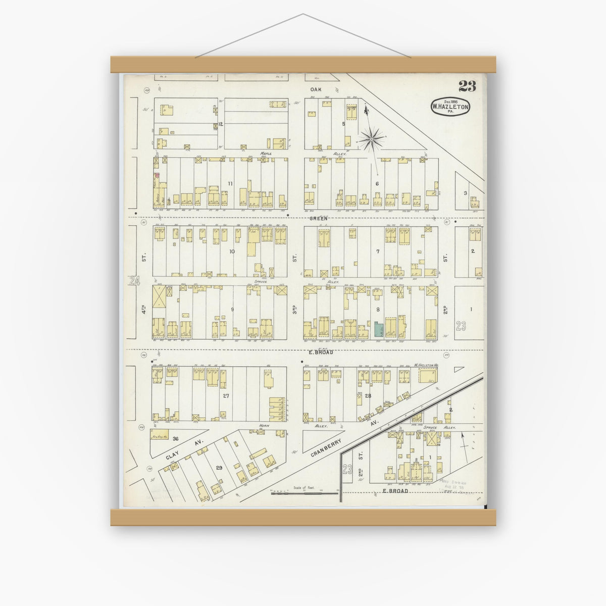 Old map wall art mockup — magnetic wood frame on white wall — Sanborn Fire Insurance Map from Hazleton, Luzerne County, Pennsylvania (1895), Sheet #0023