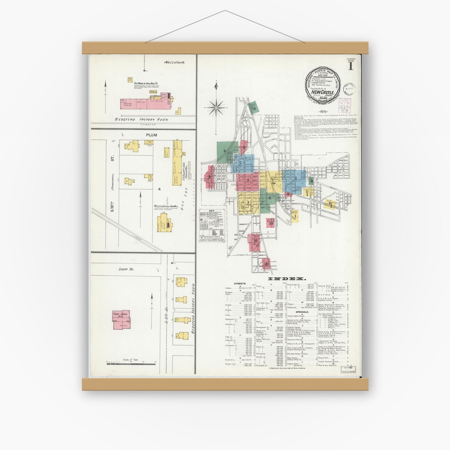 Old map wall art mockup — magnetic wood frame on white wall — Sanborn Fire Insurance Map from New Castle, Henry County, Indiana (1901) - Complete Map Set