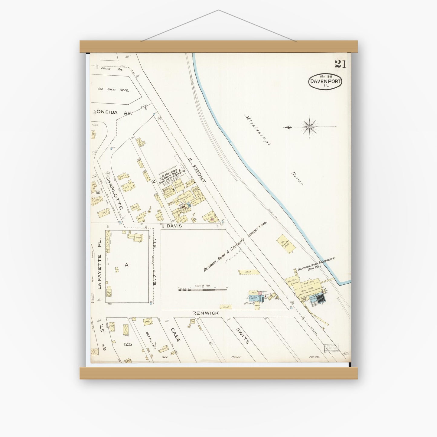 Old map wall art mockup — magnetic wood frame on white wall — Sanborn Fire Insurance Map from Davenport, Scott County, Iowa (1886), Sheet #0021